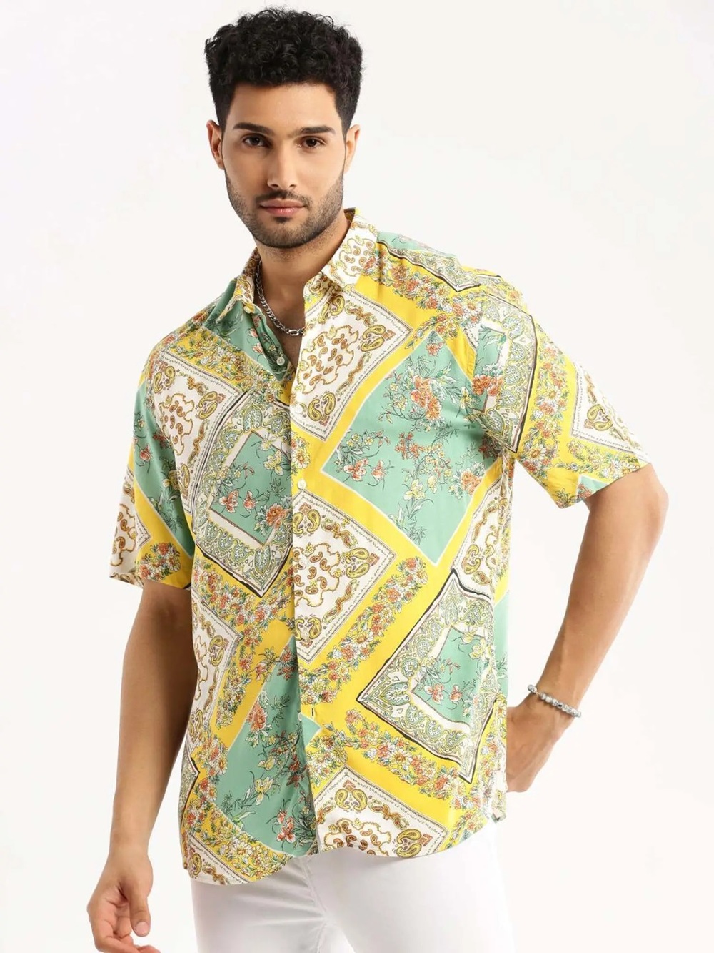 Men's Short Sleeve Button Down Shirt - NEW WITH TAG Mint Green & Yellow summer M